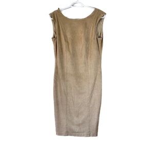 Frank Lyman Design Faux Suede Midi Sheath Dress V Neck Tan Size 8 Academia